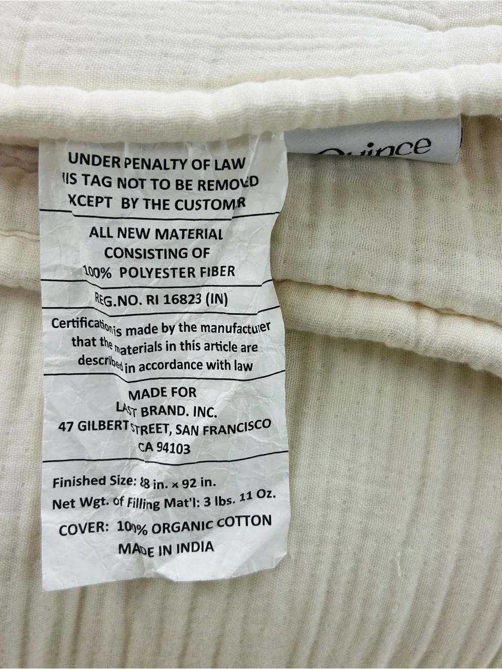 NWOT QUINCE Organic Airy Gauze Dream Quilt Full/Queen Undyed 8685